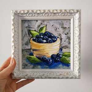 Peinture bleuets empâtement peinture à l'huile originale décoration de cuisine art 3D encadré 6 x 6 cadeau