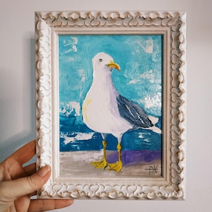 Peinture mouette, art mural, oiseaux, oeuvre d'art originale, peinture à empâtement, peinture 3D, encadrée, couteau à palette