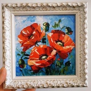 Red Poppies Painting Original Oil Painting 3D Floral Art Framed 6x6&quot;