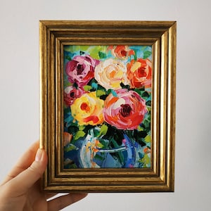 Bouquet de roses peinture empâtement peinture à l'huile art floral art original peinture 3d encadré 7 par 5 cadeau