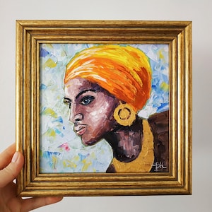 African Queen peinture à l'huile originale Portrait d'une femme afro-américaine empâtement art 3D encadré 8 x 8"