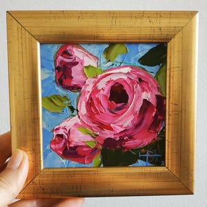 Roses Painting Original Art Impasto Oil Painting Floral Art 3D Painting Framed 4x4" Birthday Gift