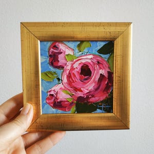 Pintura de rosas, arte original, pintura al óleo, arte floral, pintura 3D enmarcada, 4x4 pulgadas, regalo de cumpleaños