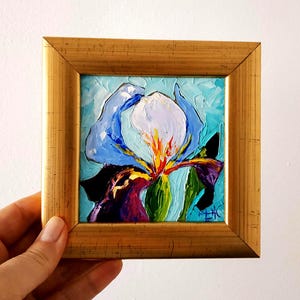 Iris Painting Impasto Oil Painting Floral Wall Art Gift Original Artwork 3D Art Framed 4x4&quot;