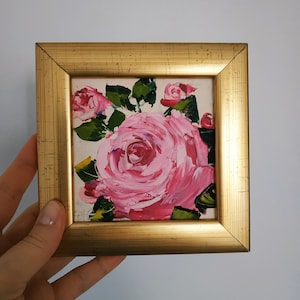 Pintura original de rosas rosadas, arte floral, pintura al óleo, arte pequeño, regalo de cumpleaños, enmarcado, 4x4 pulgadas, espátula