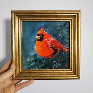 Oeuvre d'art Oeuvre d'art art cardinal rouge peinture empâtement peinture 3D encadré cadeau 15 x 15 cm