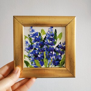 Pintura de lavanda original Impasto Pintura al óleo Arte de pared de flores Pequeña obra de arte 3D Enmarcado 4x4 Regalo de cumpleaños