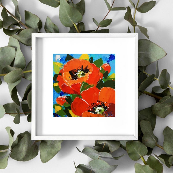 Poppies Original Painting California Poppy Painting Floral Wall Art Impasto Oil Painting 3D Art 4x4 inches