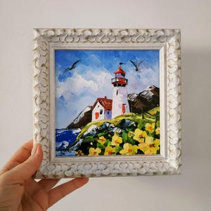 Lighthouse Painting Original Fine Art Oil Painting 3D Textured Art Framed 6x6