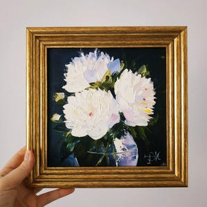 Peinture originale de pivoines pivoines blanches art mural empâtement peinture à l'huile art floral art 3D encadré 8 x 8 cadeau