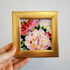 Peonies Painting Pink Peony Wall Art Impasto Oil Painting Floral Art Original Small Art Framed 4х4 Birthday Gift