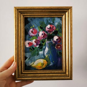 Roses peinture empâtement peinture à l'huile art floral art original 3D peinture encadré 7 x 5" couteau à palette cadeau