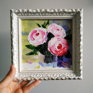 Peinture de pivoines roses, bouquet de pivoines, art original, fleurs, empâtement, peinture à l'huile, art 3D, cadre 6 x 6, cadeau