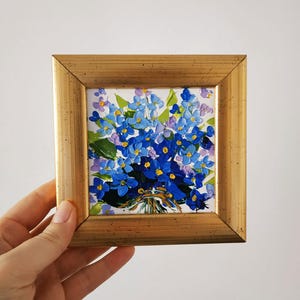 Pintura de flor não-me-esqueças Pequena pintura Arte original Impasto Pintura a óleo emoldurada Presente de aniversário 4x4