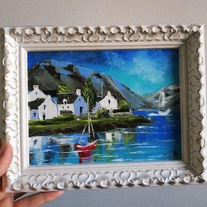Plockton, côte ouest de l'Écosse, peinture à l'huile originale, empâtement, art 3D encadré 20 x 15 cm