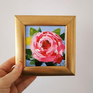 Pintura original de peonía rosa, pintura al óleo empastada, arte floral, arte pequeño, arte de pared 3D, enmarcado, regalo de 4x4