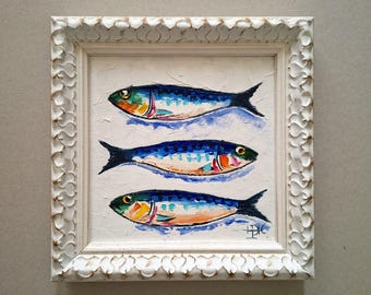 Sardines Original Painting  French Country Impasto Oil Painting Still Life 6x6