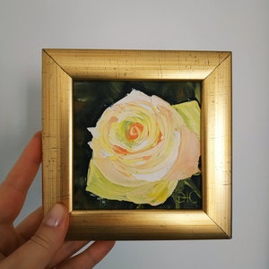 Pintura de una rosa amarilla, obra de arte original, arte floral, pintura al óleo empastada, arte 3D enmarcado, 4x4, regalo de cumpleaños