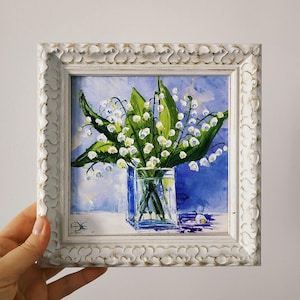 Fleurs de muguet, peinture originale, peinture à l'huile, empâtement, art mural, art 3D, encadré 15 x 15 cm