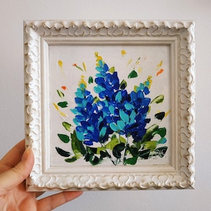 Peinture originale Texas Bluebonnet fleur empâtement peinture à l'huile petite oeuvre 3D peinture encadrée 6 x 6"