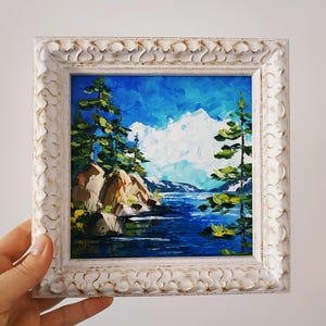Peinture originale Sequoia de Lake Tahoe randonnée empâtement peinture à l'huile 3D art encadré 15 x 15 cm