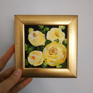 Pintura original de rosas amarillas, arte floral, pintura al óleo empastada, arte 3D enmarcado, 4x4, regalo de cumpleaños