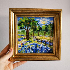 Texas Bluebonnet Painting National Park empâtement, peinture à l'huile paysage, art 3D, encadré 6 x 6 po.