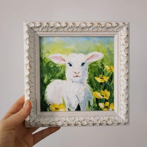 Pintura de cordero Arte original Arte pequeño Impasto Pintura al óleo Arte 3D Enmarcado 4x4 pulgadas