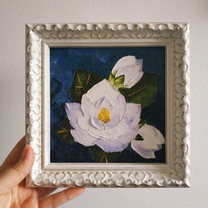 Magnolia blanc, peinture originale, art mural, fleurs, empâtement, peinture à l'huile, art 3D, cadre 6х6, cadeau