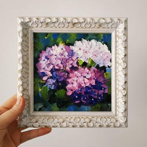 Peinture originale d'hortensia, empâtement, peinture à l'huile florale 3D, encadrée 15 x 15 cm