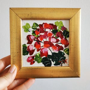 Pintura de gerânio Impasto Pintura a óleo Arte floral Original Arte pequena Arte 3D Presente emoldurado 4x4