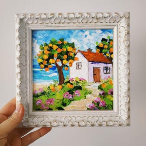 Orangers au Portugal, peinture Portugal Art Original, empâtement, peinture à l'huile, peinture 3D, encadré 6х6 pouces