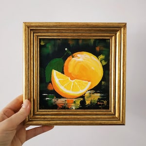 Peinture originale orange empâtement peinture à l'huile décoration de cuisine art 3D encadré 6 x 6 cadeau