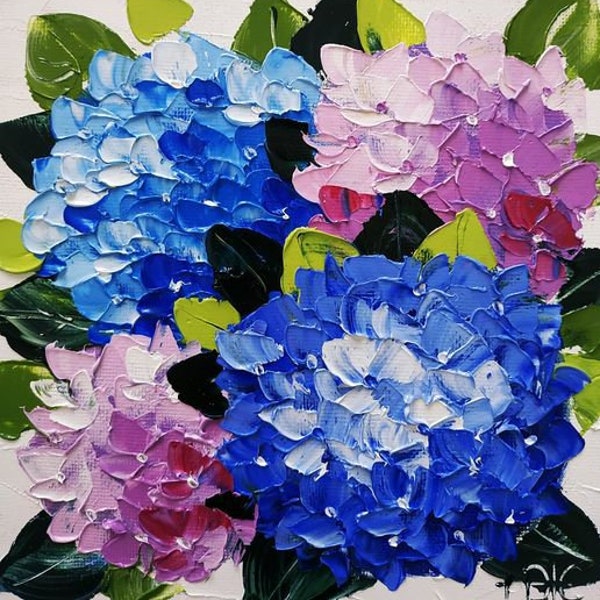 Hortensia peinture empâtement peinture à l'huile art floral art mural original art 3D 6 par 6 cadeau fête des mères