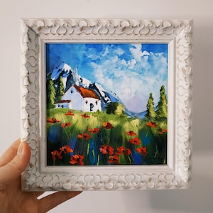 Toscane peinture à l'huile empâtement paysage d'art original Italie petit mur art couteau à palette art 3D cadre doré 6 x 6 pouces