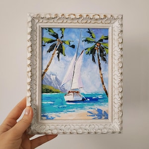 Pintura a óleo original de veleiro havaiano, arte de parede náutica colorida, paisagem marinha, arte 3D emoldurada, 6x4 polegadas