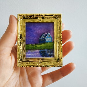 Sandgerdi Tiny Painting Islanda Miniatura Acquerello Originale Arte Decorazione Casa delle Bambole Incorniciato 2x1,6 pollici