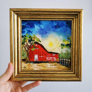 Red Barn Original Painting American Farm Landscape Oil Painting Impasto Birthday Gift Framed 6x6 inches