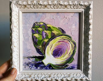 アーティチョークの絵画 インパスト油絵 オリジナルアート 額入り 6x6