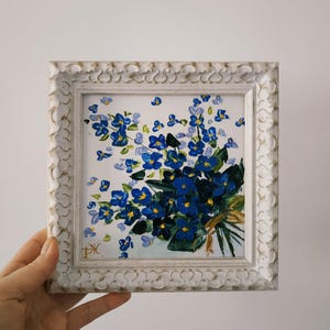 Peinture originale de myosotis fleur petite peinture empâtement peinture à l'huile art 3D encadré cadeau 6 x 6