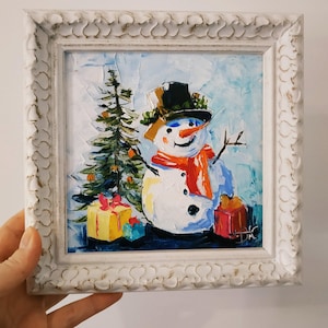 Bonhomme de neige peinture à l'huile originale décoration de Noël empâtement petit art mural couteau à palette art 3D encadré 15 x 15 cm