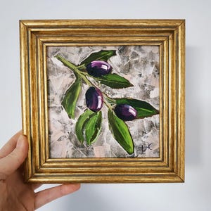 Branche d'olivier, peinture originale empâtement, peinture à l'huile, décoration de cuisine, art 3D, cadre 6 x 6, cadeau