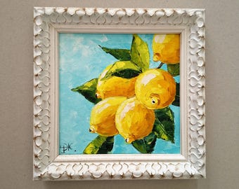 レモンリキュールの絵画：オリジナルインパスト油彩静物画、イタリア