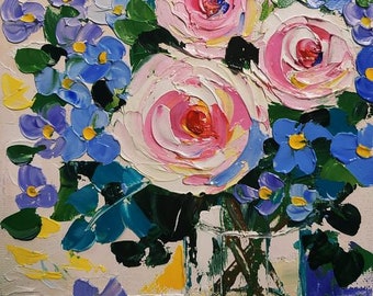 Peinture pivoines myosotis oeuvre d'art originale pivoines roses art floral empâtement peinture à l'huile cadeau d'anniversaire art 3D 15 x 15 cm