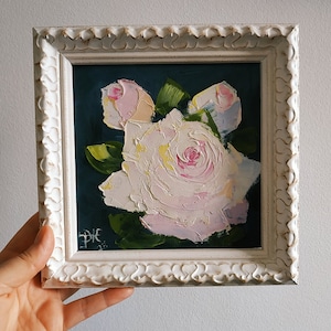Roses blanches peinture originale empâtement peinture à l'huile art floral couteau à palette art 3D encadré cadeau 6 x 6