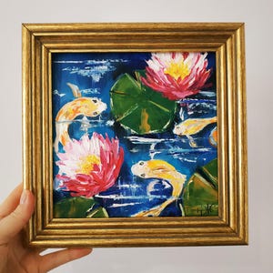 Peinture originale de poissons koi, empâtement, peinture à l'huile 3D, encadré 20 x 20 cm