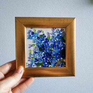 Pintura de nomeolvides, flor, pintura pequeña, arte original, pintura al óleo, marco dorado, regalo de 4 x 4