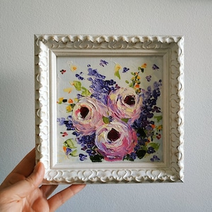 Bouquet de lilas et de pivoines peinture originale empâtement peinture à l'huile art floral art 3D encadré 6 x 6" cadeau
