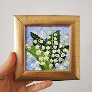 Pintura de lirios del valle, arte floral, pintura al óleo original, arte mural empastada enmarcada, 4 x 4 pulgadas