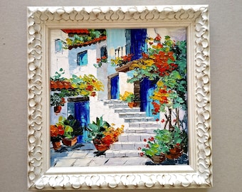 Algarve Impasto Oil Painting: Original Portuguese Cityscape, 3D Art Framed 8x8